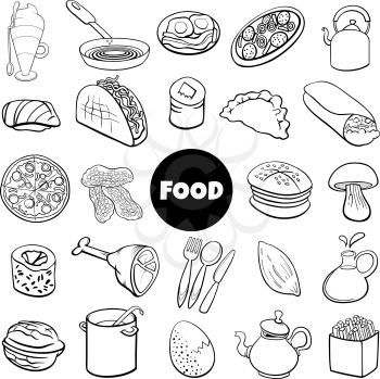 Black and White Cartoon Illustration of Food Objects Big Set