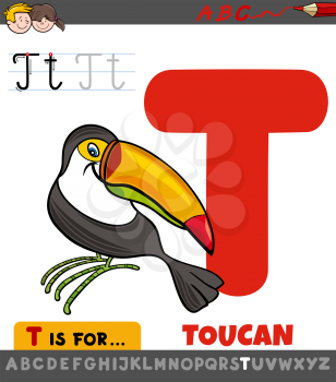 Educational Cartoon Illustration of Letter T from Alphabet with Comic Toucan Bird Animal for Children 
