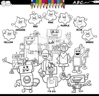 Black and White Educational Cartoon Illustration of Basic Colors with Comic Robots Characters Group Coloring Book Page