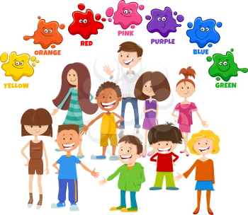 Educational Cartoon Illustration of Basic Colors with Children and Teen Characters Group