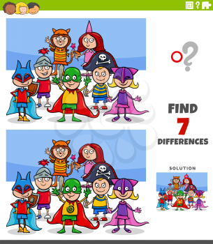 Cartoon Illustration of Finding Differences Between Pictures Educational Game for Kids with Comic Children Group at Costume Party