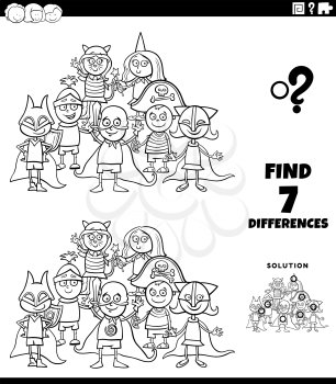 Black and White Cartoon Illustration of Finding Differences Between Pictures Educational Game for Kids with Comic Children Group on Costume Party Coloring Book Page
