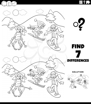 Black and White Cartoon Illustration of Finding Differences Between Pictures Educational Game for Kids with Three Girls on Skiing during Winter Coloring Book Page