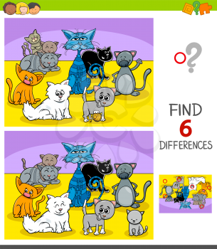 Cartoon Illustration of Finding Six Differences Between Pictures Educational Game for Children with Cats and Kittens Animal Characters