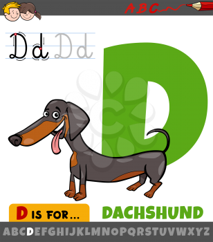 Educational Cartoon Illustration of Letter D from Alphabet with Comic Dachshund Dog for Children 