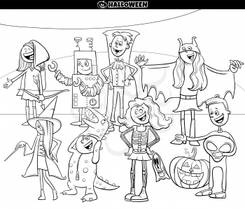 Black and White Cartoon Illustration of Characters Group at the Halloween Party Coloring Book Page