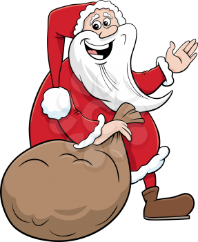 Cartoon Illustration of Santa Claus Christmas Character with Sack of Presents