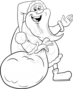 Black and White Cartoon Illustration of Santa Claus Christmas Character with Sack of Presents Coloring Book Page