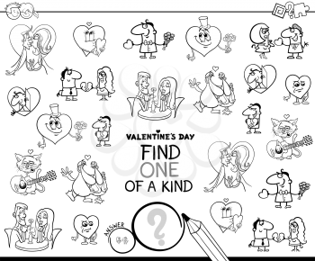 Black and White Cartoon Illustration of Find One of a Kind Picture Educational Game for Preschool and Elementary Age Kids with Valentines Characters Coloring Book