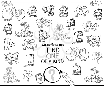 Black and White Cartoon Illustration of Find One of a Kind Clip Art Educational Game for Kids with Valentines Day Characters Coloring Book