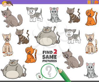Cartoon Illustration of Finding Two Same Pictures Educational Activity Game for Children with Funny Cats and Kittens Animal Characters