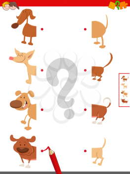 Cartoon Illustration of Educational Game of Matching Halves of Cute Dog Characters