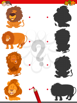 Cartoon Illustration of Matching Shadows Educational Game for Children with Lions Animal Characters