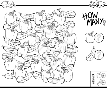 Black and White Illustration of Educational Counting Task for Children with Cucumbers and Peppers Coloring Book