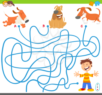 Cartoon Illustration of Lines Maze Puzzle Activity Game with Dogs or Puppies Animal Characters and Cute Little Boy