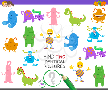 Cartoon Illustration of Finding Two Identical Pictures Educational Game for Children with Cute Monsters Characters