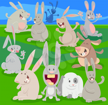 Cartoon Illustration of Happy Rabbits Farm Animal Characters Group on the Meadow