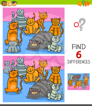 Cartoon Illustration of Finding Six Differences Between Pictures Educational Game for Children with Cats Animal Characters