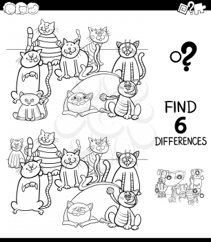 Black and White Cartoon Illustration of Finding Six Differences Between Pictures Educational Game for Children with Cats Animal Characters Coloring Book