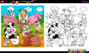 Cartoon Illustration of Happy Farm Animal Characters Group Coloring Book Worksheet