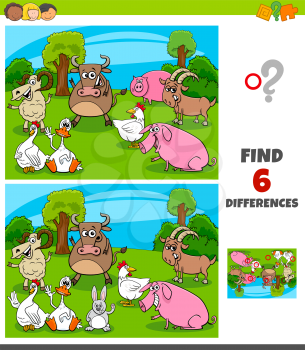 Cartoon Illustration of Finding Differences Between Pictures Educational Game for Children with Farm Animal Characters