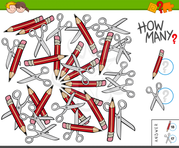 Illustration of Educational Counting Task for Children with Pencils and Scissors