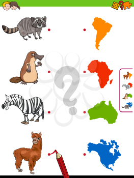 Cartoon Illustration of Educational Pictures Matching Game for Children with Animals and Continents Shapes