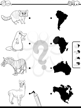 Black and White Cartoon Illustration of Educational Pictures Matching Game for Children with Animals and Continents Shapes