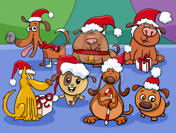 Cartoon Illustration of  Cute Dogs and Puppies Animal Characters Group on Christmas Time