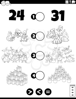 Black and White Cartoon Illustration of Educational Mathematical Puzzle Game of Greater Than, Less Than or Equal to for Children with Christmas Characters and Objects Worksheet Page Coloring Book Page