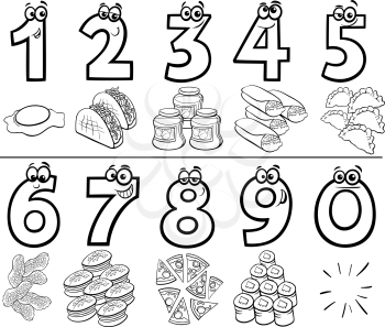 Black and White Cartoon Illustration of Educational Numbers Collection from One to Nine with Food Objects Coloring Book