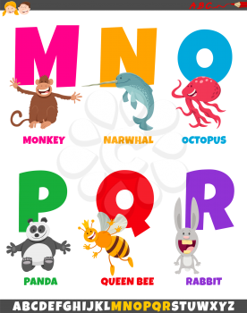 Cartoon Illustration of Colorful Alphabet Set from Letter M to R with Animal Characters