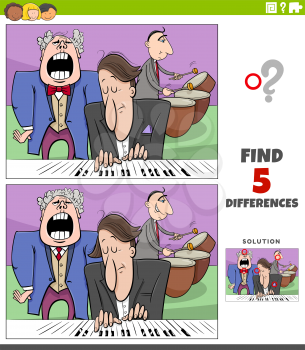 Cartoon illustration of finding the differences between pictures educational game for children with music band