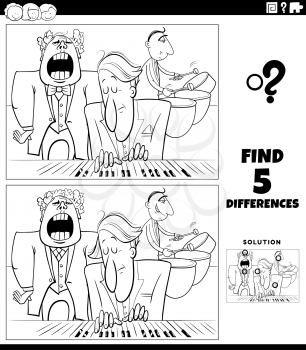 Black and white cartoon illustration of finding the differences between pictures educational game for children with music band coloring book page