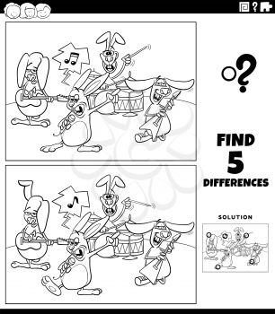 Black and white cartoon illustration of finding the differences between pictures educational game for children with rabbits rock music band coloring book page