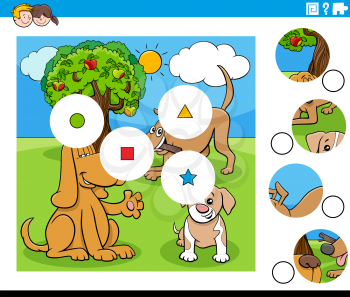 Cartoon illustration of educational match the pieces jigsaw puzzle game for children with dogs animal characters group