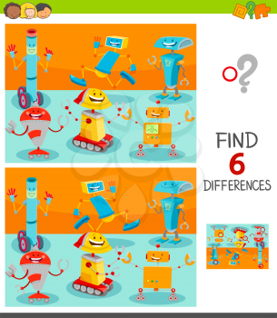 Cartoon Illustration of Finding Six Differences Between Pictures Educational Game for Children with Robots or Droid Characters Group