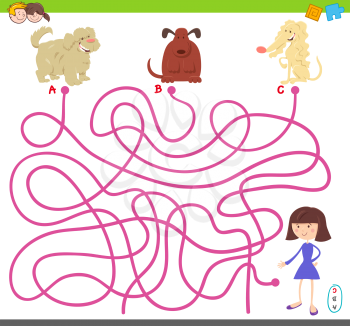 Cartoon Illustration of Lines Maze Puzzle Activity Game with Dogs or Puppies Animal Characters and Girl