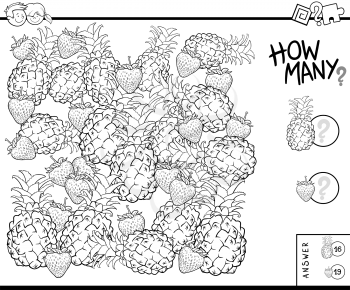 Black and White Illustration of Educational Counting Task for Children with Pineapples and Strawberries Coloring Book