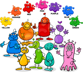 Educational Cartoon Illustration of Basic Colors with Aliens or Fantasy Characters Group