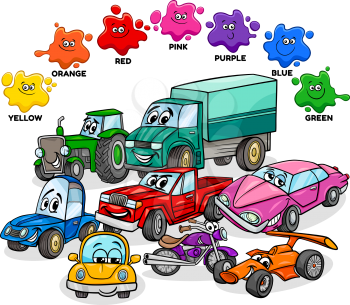 Educational Cartoon Illustration of Basic Colors with Cars and Transport Characters Group