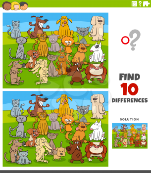 Cartoon Illustration of Finding Differences Between Pictures Educational Task for Kids with Comic Cats and Dogs Group