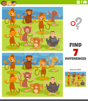 Cartoon Illustration of Finding Differences Between Pictures Educational Game for Kids with Funny Monkeys Animal Characters Group