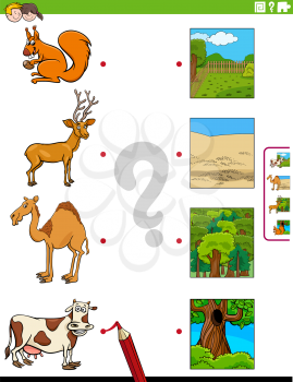 Cartoon Illustration of Educational Matching Game for Children with Animal Species Characters and their Environments