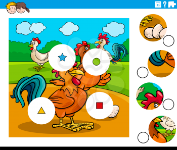 Cartoon Illustration of Educational Match the Pieces Jigsaw Puzzle Game for Children with Chickens Animal Characters Group