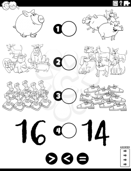 Black and White Cartoon Illustration of Educational Mathematical Puzzle Game of Greater Than, Less Than or Equal to for Children with Animals and Objects Worksheet Page