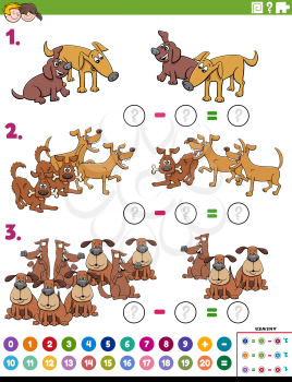 Cartoon Illustration of Educational Mathematical Subtraction Puzzle Task for Children with Dogs