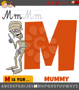 Educational cartoon illustration of letter M from alphabet with mummy character for children 