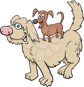 Cartoon illustration of funny little dog on big one comic characters