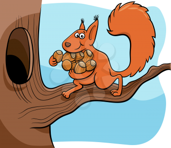 Cartoon illustration of funny squirrel animal character carrying acorns to the hollow in the tree